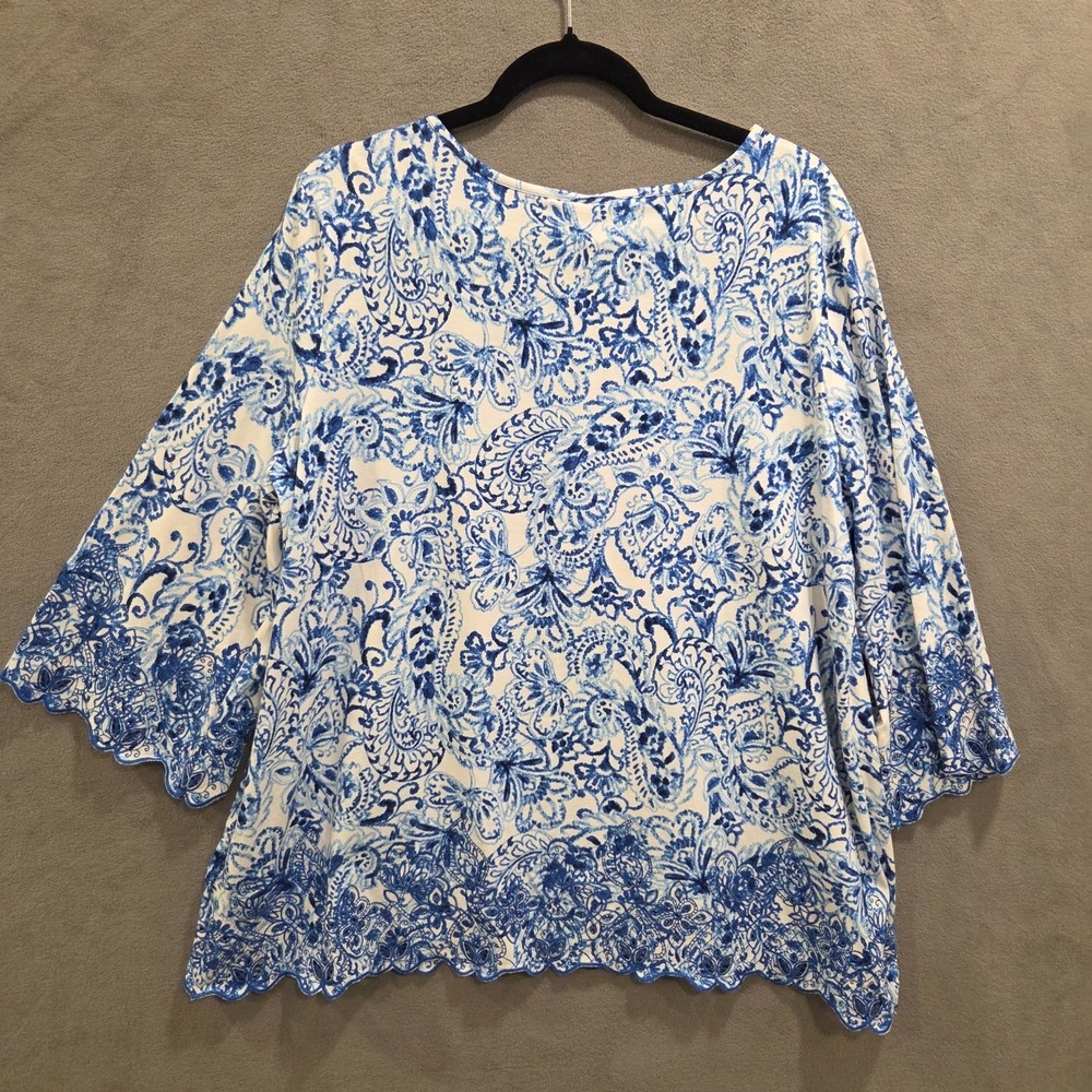 Ruby Rd. Blue and White Paisley Smocked Neck Cutout Blouse - Picture 2 of 7